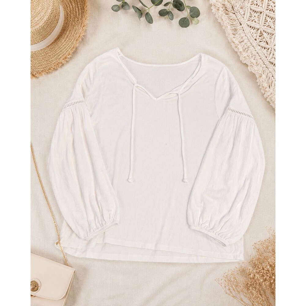 White Tie Neck Peasant Blouse Puff Sleeve Women’s Top